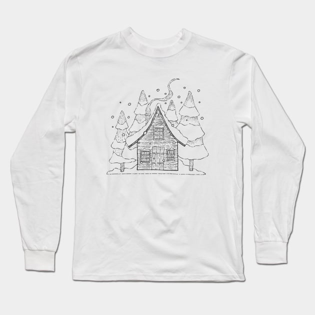 Snowy Lodge and some Trees Long Sleeve T-Shirt by PrintablesPassions